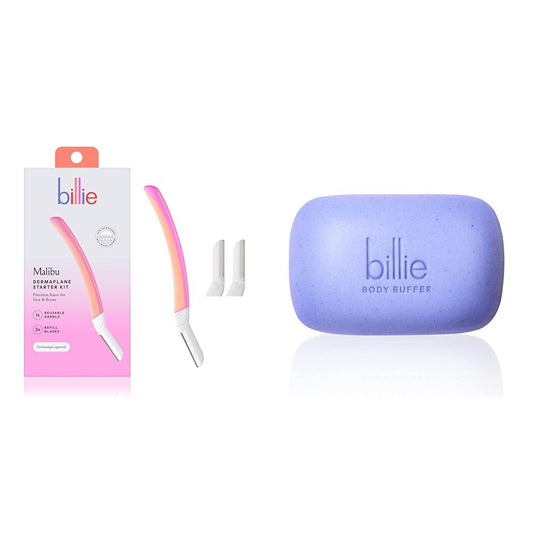 Billie Dermaplane Starter Kit + Body Buffer Exfoliating Bar - Reusable Handle, 3 Refill Blades, Remove Hair & Exfoliate