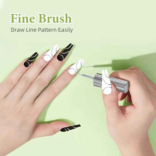Gel Nail Art Polish Set with Thin Brush ? 4 Colors White Gel Nail Polish Black Silver Glitter Liner for Nail Art Design French Tips Soak Off UV/LED 8ml