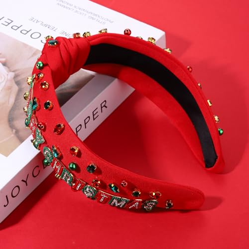 Christmas Headband for Women Holiday Christmas Accessories Beaded Xmas Bow Tree Snowflake HOHOHO Knotted Headband Red Green Crystal Pearl Top Knot Headband Festive Holiday Gifts (MERRY CHRISTMAS 2)