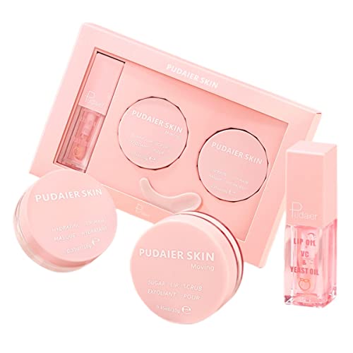 Pudaier Lip Care Kit, Hydrating Lip Glow Oil, Moisturizing Lip Mask, Exfoliating Lip Scrub, 3 Pcs Lip Care Plumping Makeup Set for Shiny and Nourishing Lips, Dry Lips Treatment