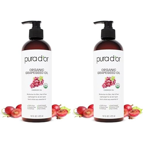 PURA D'OR 16 Oz Organic Grapeseed Oil-100% Pure&Natural USDA Certified Cold Pressed Carrier Oil-Light&Silky,Unscented,Hexane Free Liquid Moisturizer-Face Skin-&Hair-Men-&Women,(Pack of 2)