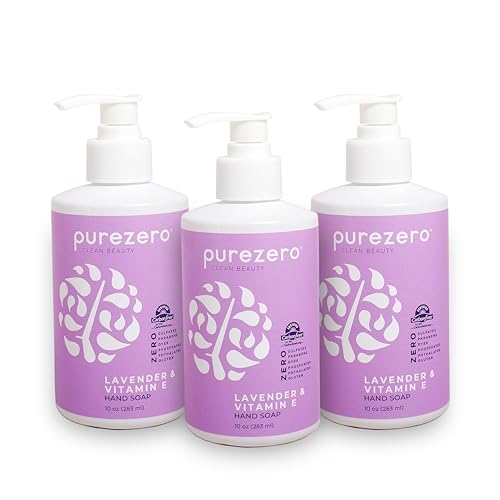 Purezero Lavender & Vitamin E Hand Soap Soothing & Hydrating, Paraben-Free & Vegan Liquid Hand Wash for Bathroom or Kitchen, USA-Made, Cruelty-Free, 10 ounces (3 Pack)