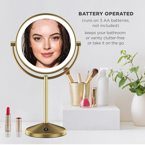 Conair Lighted Makeup Mirror, LED Vanity Mirror, 1X/10X Magnifying Mirror, Double Sided, Battery Operated in Brushed Brass