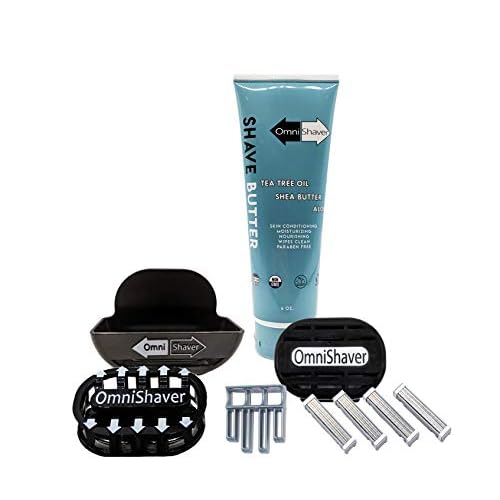Premium Omnishaver Kit - Fastest Way to Shave Head, Legs, Arms, Body | An alternative to Disposable Shaving Razors Self Cleans & Strops During Use with Shave Butter & Replacement Cartridges - Black