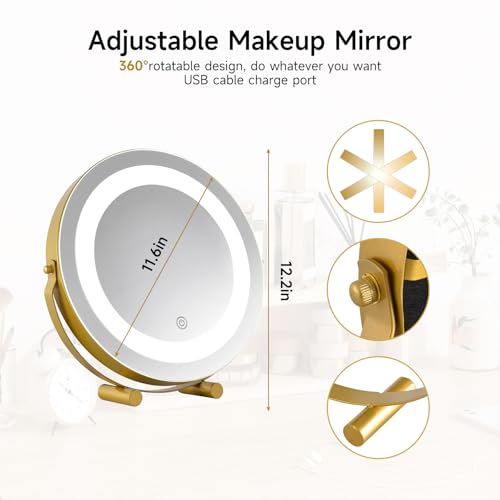 Modern LED Vanity Mirror with Touch Control, Round Gold Metal Frame, Makeup Mirror with Stand for Bathroom, Bedroom, Dressing Table