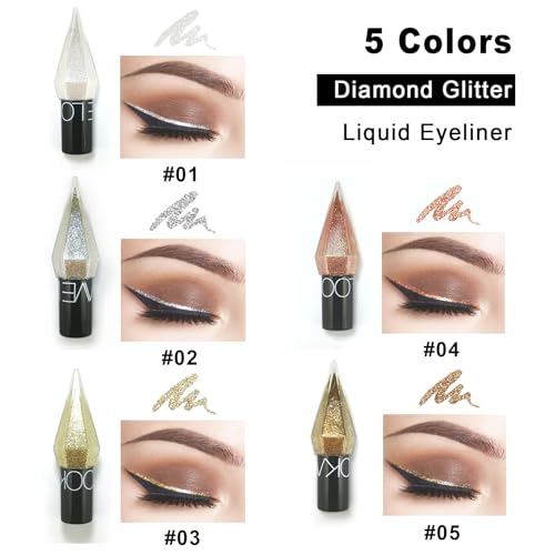 Glitter Liquid Eyeliner, 5 Colors Eyeliner Colorful Set, Shimmer Metallic Silver White, Gold Sparkling Eye Liner, Long Lasting Flare Eye Liner Liquid, Diamond Eye Makeup Set