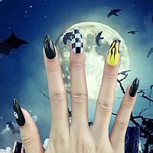 Outyua Stiletto Halloween Long Press on Nails with Design Horror Acrylic Fake Nails Ballerina False Nails Designer Full Cover Nails 24Pcs for Women and Girls (Fire Yellow)