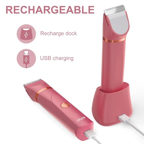 OLOV Electric Body Hair Trimmer - Groin Trimmer for Men - Bikini Trimmer Women - Wet/Dry Shaver Groomer, Replaceable Ceramic Blade Heads, USB Recharge Dock, Waterproof Hygiene Razor, Red