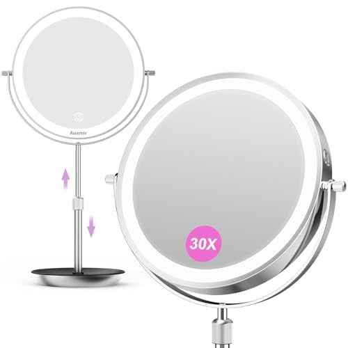 Auxmir 9" Large Lighted Makeup Mirror with Magnification, 1X/30X Double Sided Magnifying Mirror with Adjustable Height, Rechargeable Vanity Mirror with 3 Color Dimmable Lights, 360¡Æ Rotation