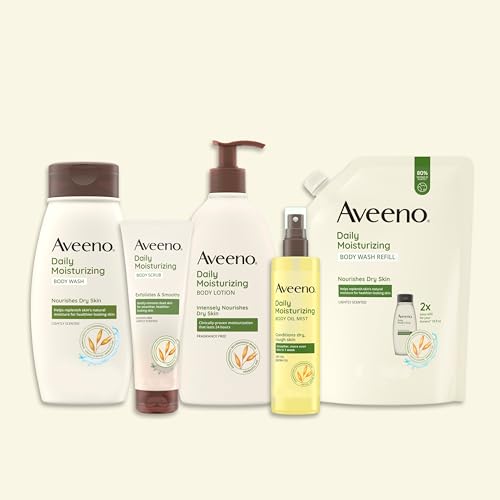 Aveeno Daily Moisturizing Body Oil Mist with Oat & Jojoba Oil for Dry Sensitive Skin,Nourishing Body Spray for Smoother Skin,Paraben-,Silicone- & Alcohol-Free,6.7 fl. oz,(Pack of 4)