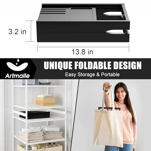 Artmalle Bathtub Tray for Tub, Expandable Bamboo Bath Caddy Tray with Book Stand for Home Spa Relaxing, Foldable Minimalist Bathroom Accessories for Women Men (Simple, Black)