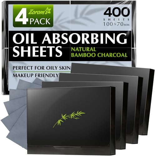 Natural Oil Blotting Sheets for Face with Bamboo Charcoal - 4pk/400 Makeup Friendly Oil Absorbing Sheets for Face - Blotting Papers for Oily Skin - Perfect for Keeping in Purse - Oil Control Film