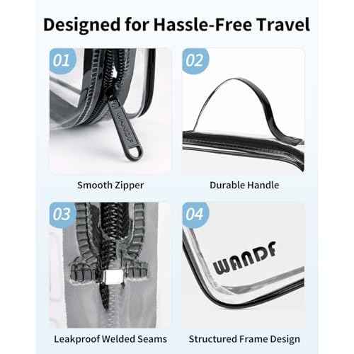 WANDF TSA Approved Toiletry Bag, 2 Packs Travel Clear Toiletry Bag, Quart Size Makeup Cosmetic Pouch with Zipper, Carry-On Airport Compliant Bag for Women and Men (2 pcs, Black with Handle)