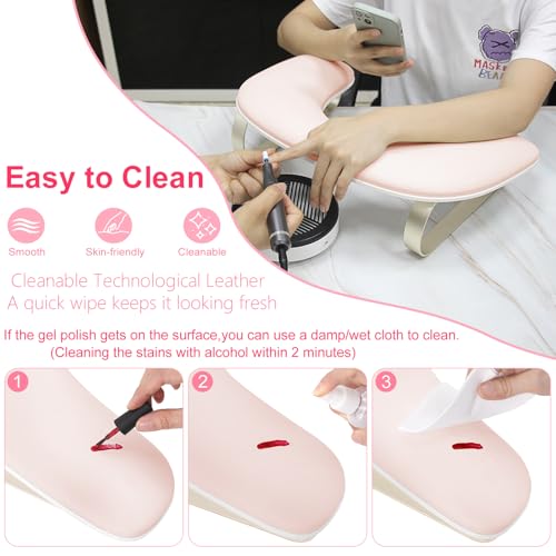 Manicure Arm Rest for Nails Tech, Cleanable Leather Nail Arm Rest Stand, U Shaped Hand Rest Pillow for Acrylic Nail Salon Home Use, Aluminum Alloy Bracket(Pink£©