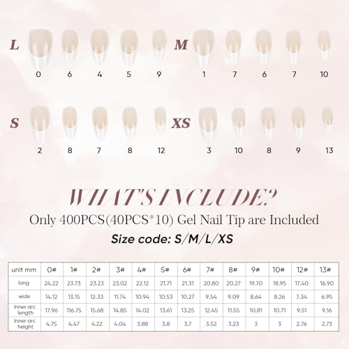 GloBlingle Classic French Gel Nail Tips - 400Pcs French Tip Press on Nails Medium Almond Fake Nails 5 in 1 Acrylic UV Gel Tips Building Gel Top Coat Cover Jelly Gel Tips Nail Extension DIY XS/S/M/L