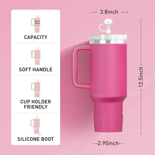 KISSKIND 40 oz tumbler with handle Travel Mug Straw Covers Cup with Lid Insulated Quencher Stainless Steel Water Iced Tea Coffee Gift HOT PINK