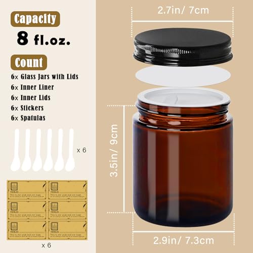 8 oz Amber Glass Jars with Lids - 6 Pack Refillable Containers
