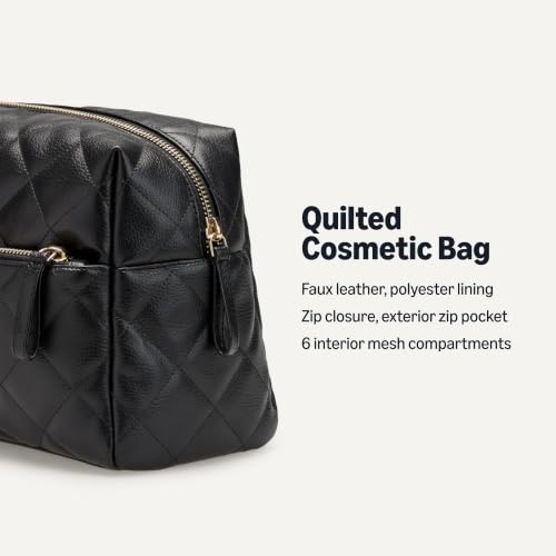 Amazon Essentials Quilted Travel Makeup Bag with Mesh Compartments, Black Faux Leather