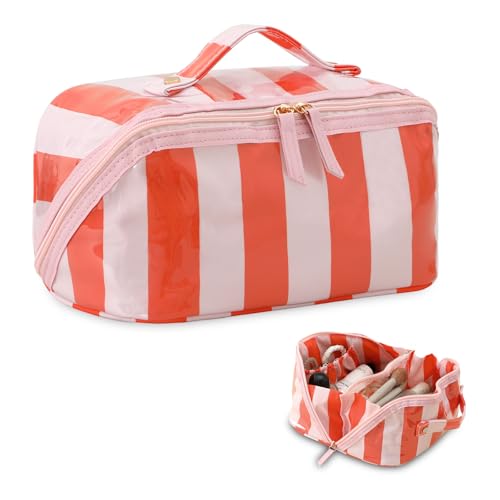 DYSHAYEN Stripe Travel Makeup Bag with Compartments Clear Coated Cosmetic Bag for Women, Waterproof Portable Open Flat Toiletry bag £¨Pink-Orange£©