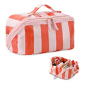 DYSHAYEN Stripe Travel Makeup Bag with Compartments Clear Coated Cosmetic Bag for Women, Waterproof Portable Open Flat Toiletry bag £¨Pink-Orange£©