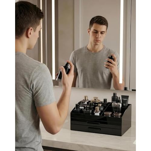 ProCase Cologne Organizer for Men with Drawer, Acrylic Perfume Holder & Bathroom Countertop Organizer for Men & Women, Dresser Vanity Storage for Cologne, Perfume and Skincare -2 Layer