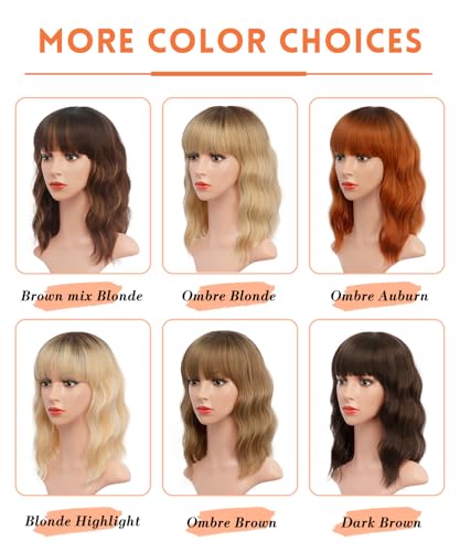 ENTRANCED STYLES Auburn Wavy Bob Wig with Bangs - Short Curly Synthetic Hair, 14 Inch, Heat Resistant, Natural Look for Women