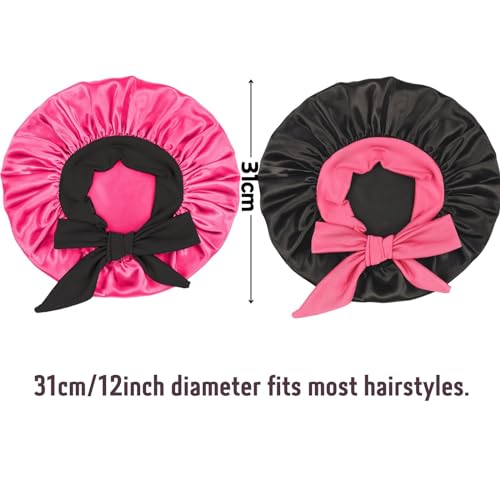 Satin Bonnet Silk Hair Cap: 2pcs Kids Bonnets with Adjustable Tie Band for Baby Toddler Sleeping Hair Bonnets Sleep Comfortable No Slip-Off (Black & HotPink)