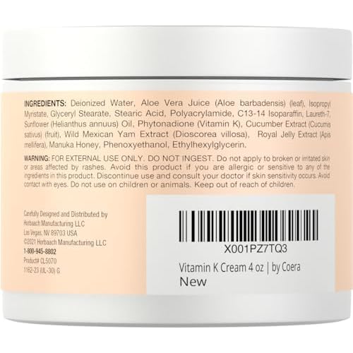 Coera Vitamin K Cream 4 oz | Premium Formula for Bruises, Spider Veins, Dark Circles, Broken Capillaries, Eyes, and Face | Paraben and SLS Free