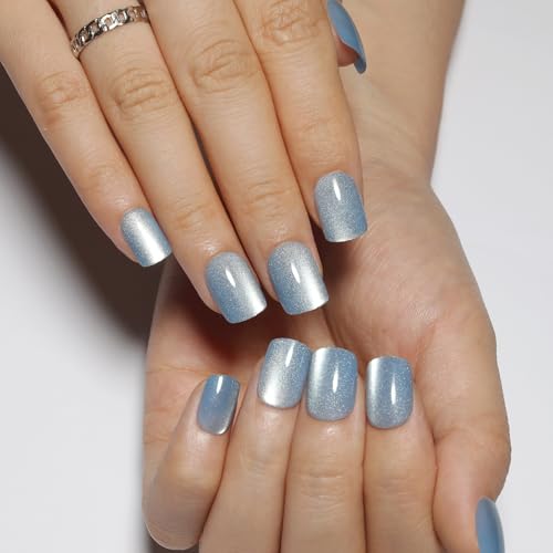 Stbisen M02-Aurora Mist Light Blue Press On Nails – Short Cat Eye Square 30pcs