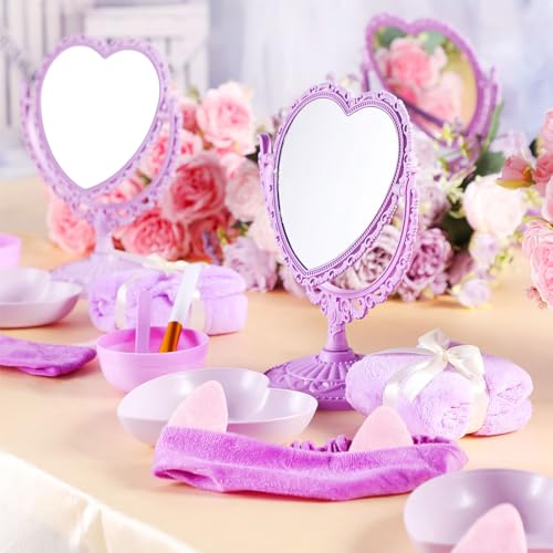 8 Set Spa Party Supplies 8 Heart Shaped Mirrors 8 Silicone Face Mask Brushes 8 Face Mask Mixing Bowl 8 Headband 8 Spa Facial Towel 8 Heart Dish Bowls for Sleepover Slumber Party (Purple)
