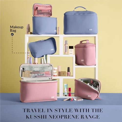 KUSSHI Neoprene Makeup Bag - Washable Makeup Bag for Stress Free Travel (Pearl Blue/Sand Pink)