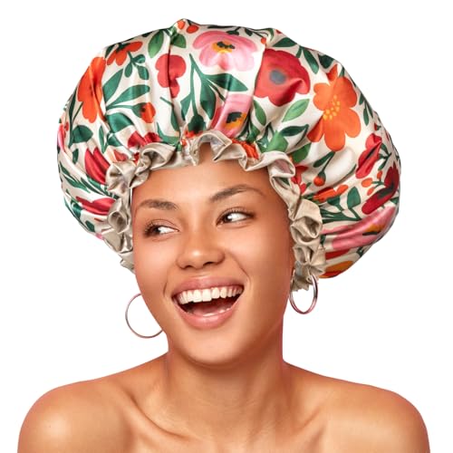 mikimini Large Shower Cap for Women Reusable Waterproof, Extra Large Hair Cap with Adjustable Elastic Band and Vibrant Floral Print, XL Bath Cap for Long Hair & Short Hair