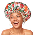 mikimini Large Shower Cap for Women Reusable Waterproof, Extra Large Hair Cap with Adjustable Elastic Band and Vibrant Floral Print, XL Bath Cap for Long Hair & Short Hair