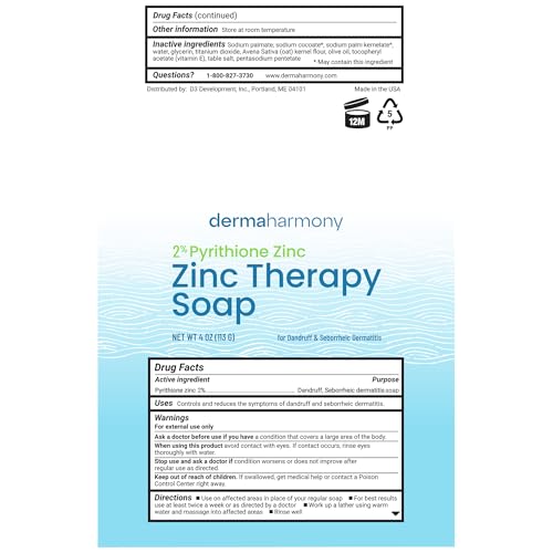 Dermaharmony 2% Pyrithione Zinc Medicated Bar Soap for Dandruff & Skin Conditions