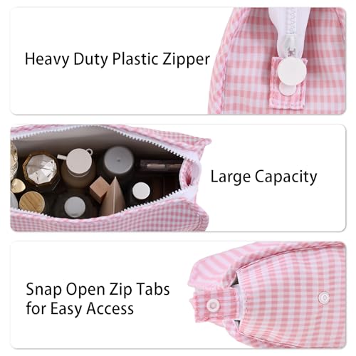 Gingham Travel Makeup Bag with Zipper Pouch, Pink