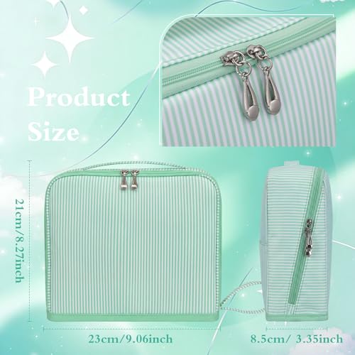 Striped Makeup Bag Large Cosmetic Bags for Women Gift with Brush Loops Mesh Pocket Wrist Strap Travel Organizer Storage Pouch Toiletry Case with Divider for Mirror(Fresh Green)