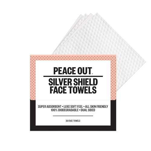 PEACE OUT Silver Shield Face Towels, Disposable Facial Towels for Sensitive Skin, Silver Citrate Infused, Dual Sided, Super Absorbent, Biodegradable, 30 Count
