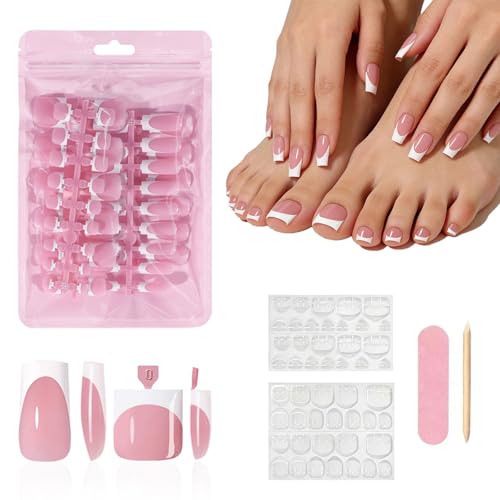 Press on Nails & Toenails, 60Pcs 2-in-1, Glossy White French Tip