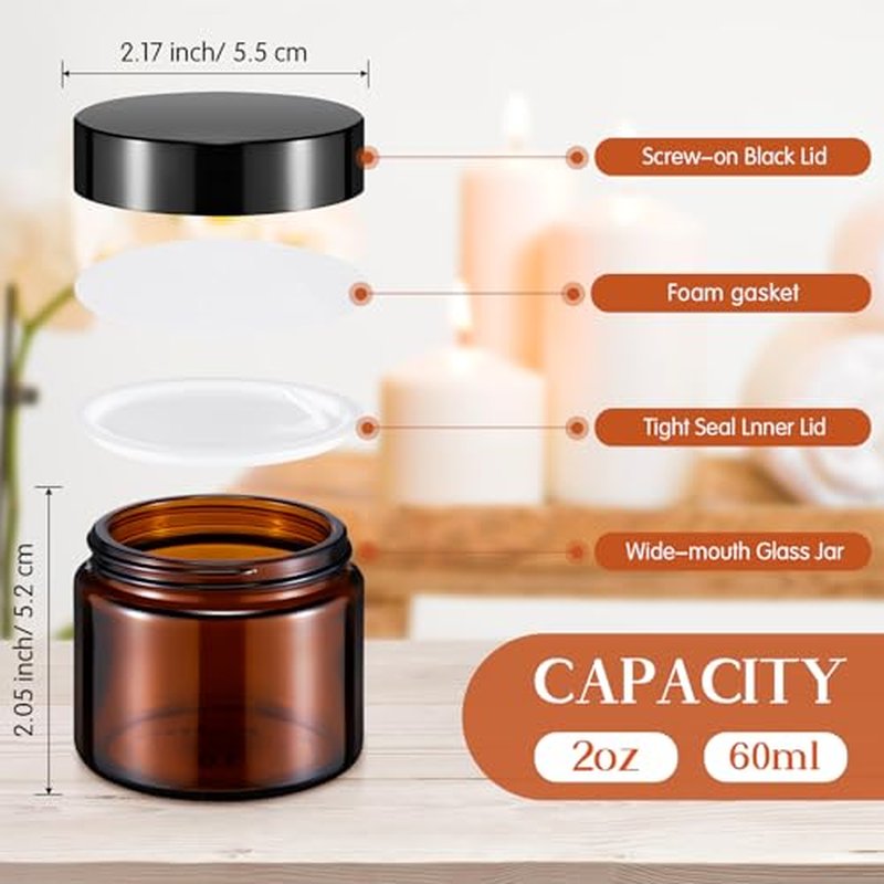 Domensi 48 Pcs 2 oz Amber Glass Jars with Lids - Leakproof Travel Containers