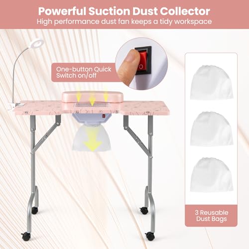 GOFLAME Folding Manicure Nail Table w/ Electric Dust Collector & LED Lamp