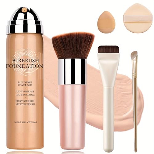 Magic Minerals Airbrush Foundation Spray - Lightweight Buildable Coverage, Hydrating Formula for Smooth Radiant Light Beige, Includes Foundation Brush, Powder Puff & Nose Shadow Brush-01 Natural