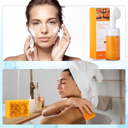 Kojic Acid Soap Set, Lemon Turmeric Kojic Acid Soap Bar & Tuemeric Facial Cleansing Mousse, Deep Cleansing for All Skin Types