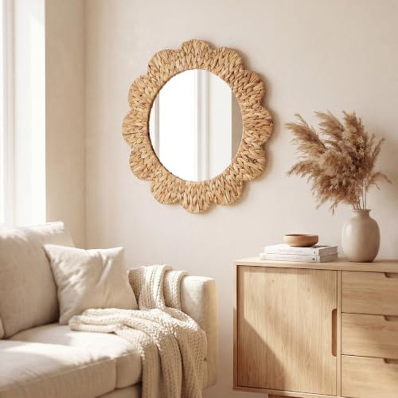 24 Inch Boho Wall Mirror Handwoven Water Hyacinth Scalloped