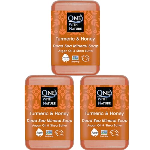 One With Nature Honey & Turmeric Soap Bar for Face & Body - 7oz Bar 3pk Dead Sea Salt Tumeric Soap Bar Contains Shea Butter, Argan Oil - Natural Essential Oil Fragrance, for All Skin Types