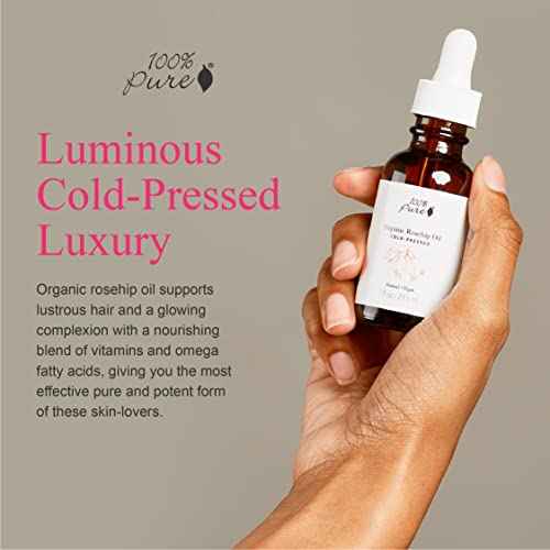100% PURE Organic Rosehip Oil Moisturizer For Face, Body, Hair Hydrating Vitamins & Omega Fatty Acids Support Glowing, Plumped Up Youthful Skin - Natural Cold-Pressed Facial Radiance - Vegan - 1oz