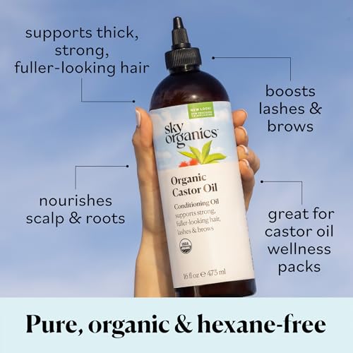 Sky Organics Organic Castor Oil (16 oz) USDA Certified Organic, 100% Pure, Cold Pressed, Hexane Free, Boost Hair Growth, Use with Castor Oil Pack