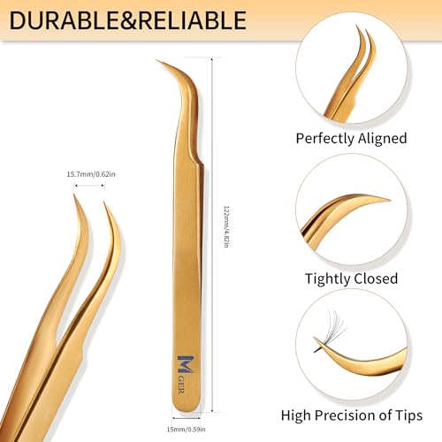 Lash Tweezers for Eyelash Extension, Hand Calibrated Dolphin-shaped and Curved Tip Eyelash Tweezers eyelash tweezers, False Lash Application Tools, Lash extension tweezers gold (Pack of 2, Gold)