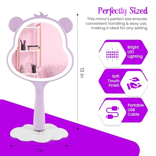 Impressions Vanity Care Bears Share Bear LED Handheld Makeup Mirror for Desk, Lighted Travel Makeup Mirror with Detachable Standing Base, Ultra Bright Adjustable Lighting and Figural Shaped (Purple)