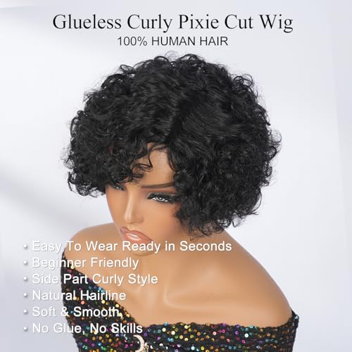 SUPERNOVA Black 04 Pixie Cut Curly Wig 6 Inch Human Hair Side Part, Glueless, Natural Style