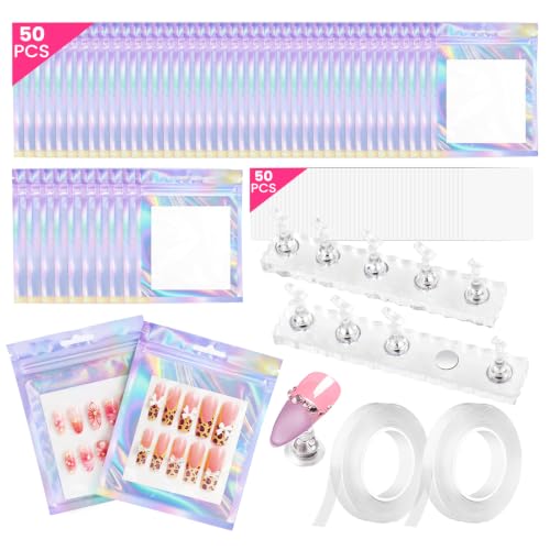 Press On Nail Stand Kit with 50 Storage Bags & Adhesive Tape